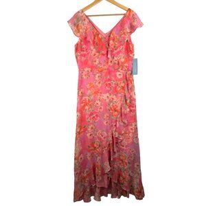 London Times sheer floral ruffle tiered midi dress boho pink high low‎ sz 14